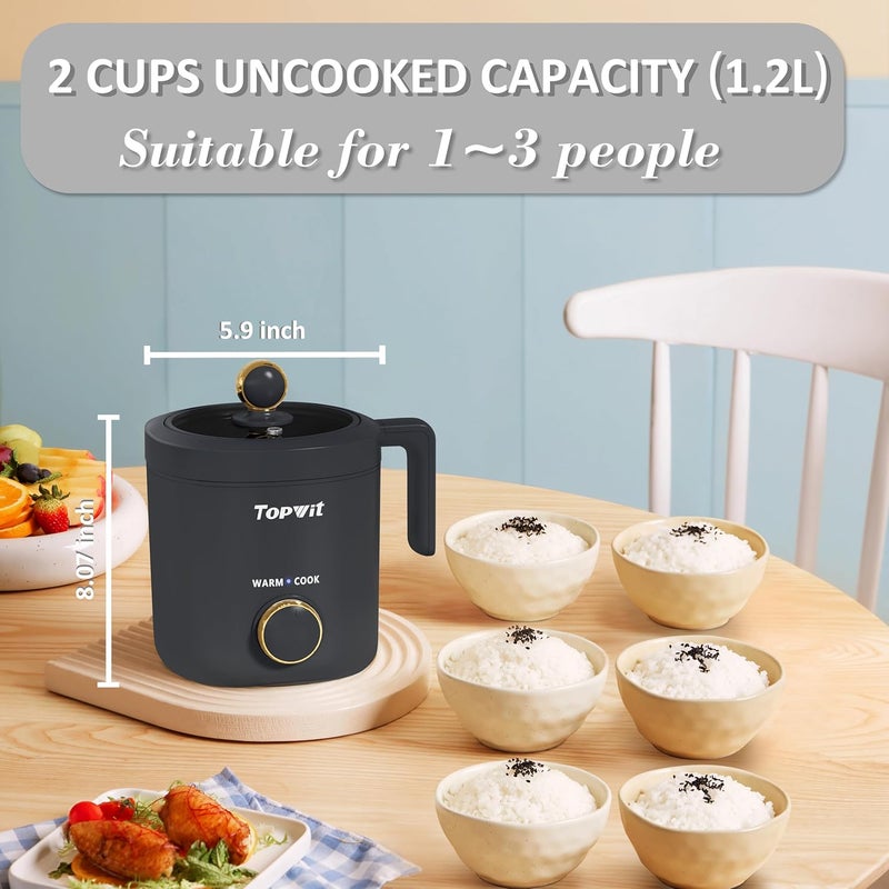 TopWit Rice Cooker Small, Mini Rice Cooker 2 Cups Uncooked, 1.2L Portable Rice Maker with Non-stick Coating, BPA Free, One Touch & Keep Warm Function, Grey - Image 3